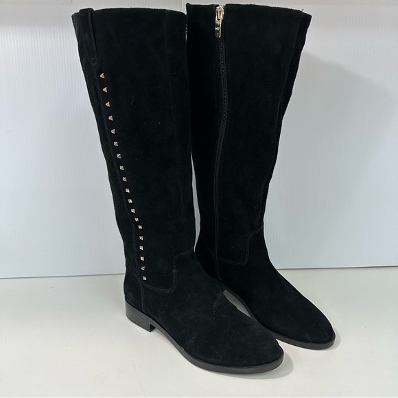 MARC FISHER Secrit Tall Boots Sz 6.5M Blk Suede Leather Gold Stud Stretc… - Picture 14 of 15